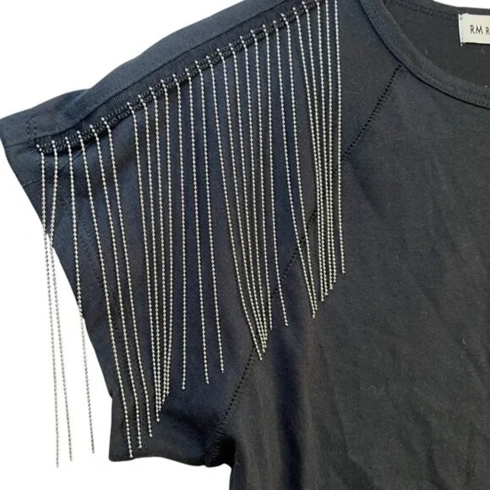 Rebecca Minkoff Black Fringe Shoulder Tee Top Size‎ S NWOT Embellished Chic - Picture 3 of 7